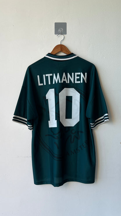 Ajax 1995 1996 away shirt with a Litmanen nameset-authentic vintage umbro jersey in dark green-back view