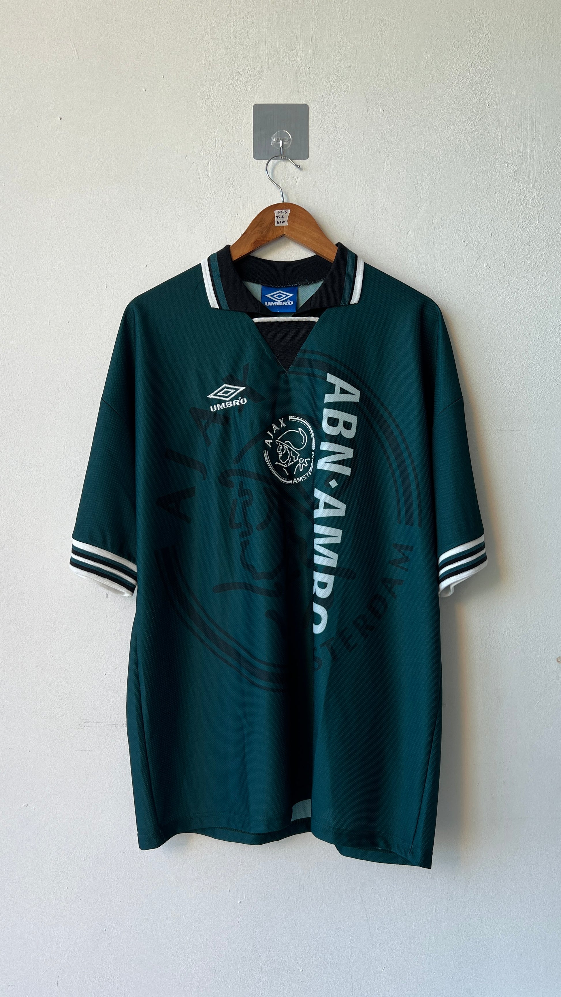 Ajax 1995 1996 away shirt with a Litmanen nameset-authentic vintage umbro jersey in dark green-front view