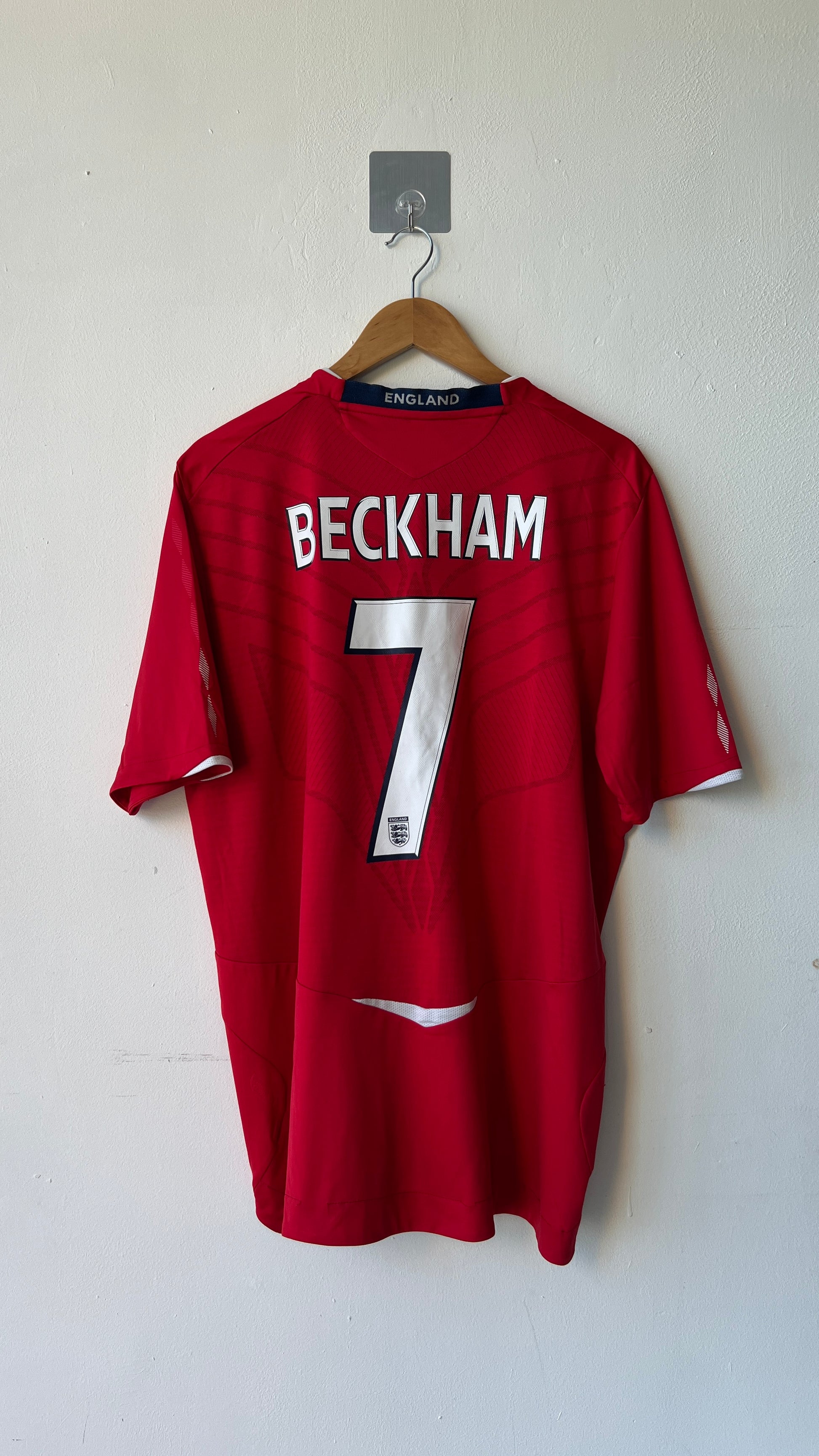 England 2008 2009 2010 away shirt with a David Beckham nameset-authentic vintage umbro jersey in red-back view