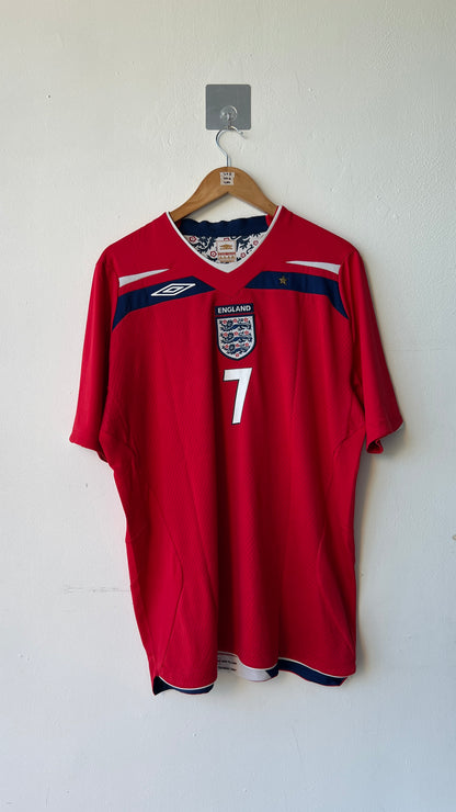 England 2008 2009 2010 away shirt with a David Beckham nameset-authentic vintage umbro jersey in red-front view