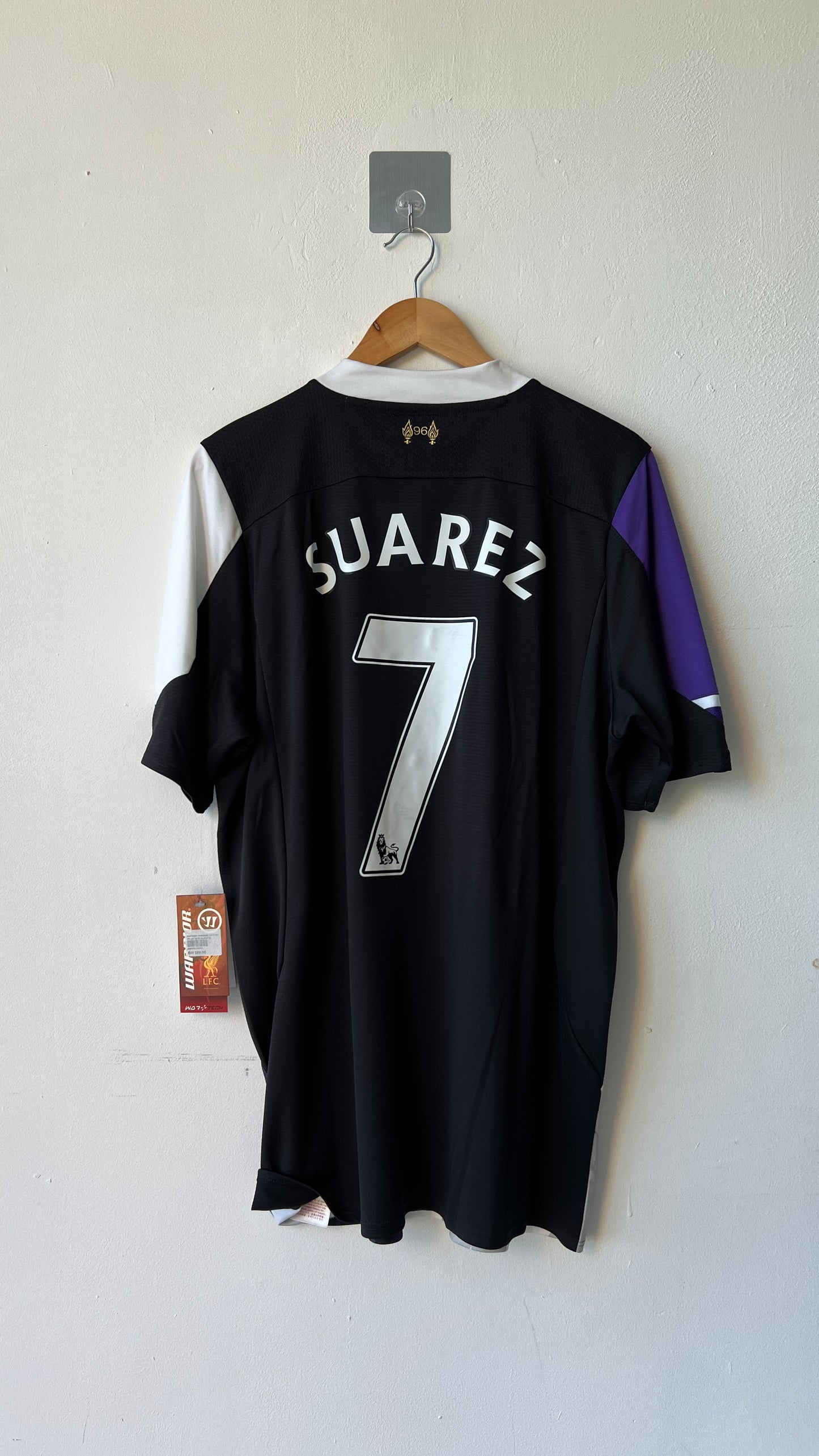 Liverpool 2013 2014 third 3rd shirt with a luis suarez nameset-authentic vintage warrior in black white purple-back view